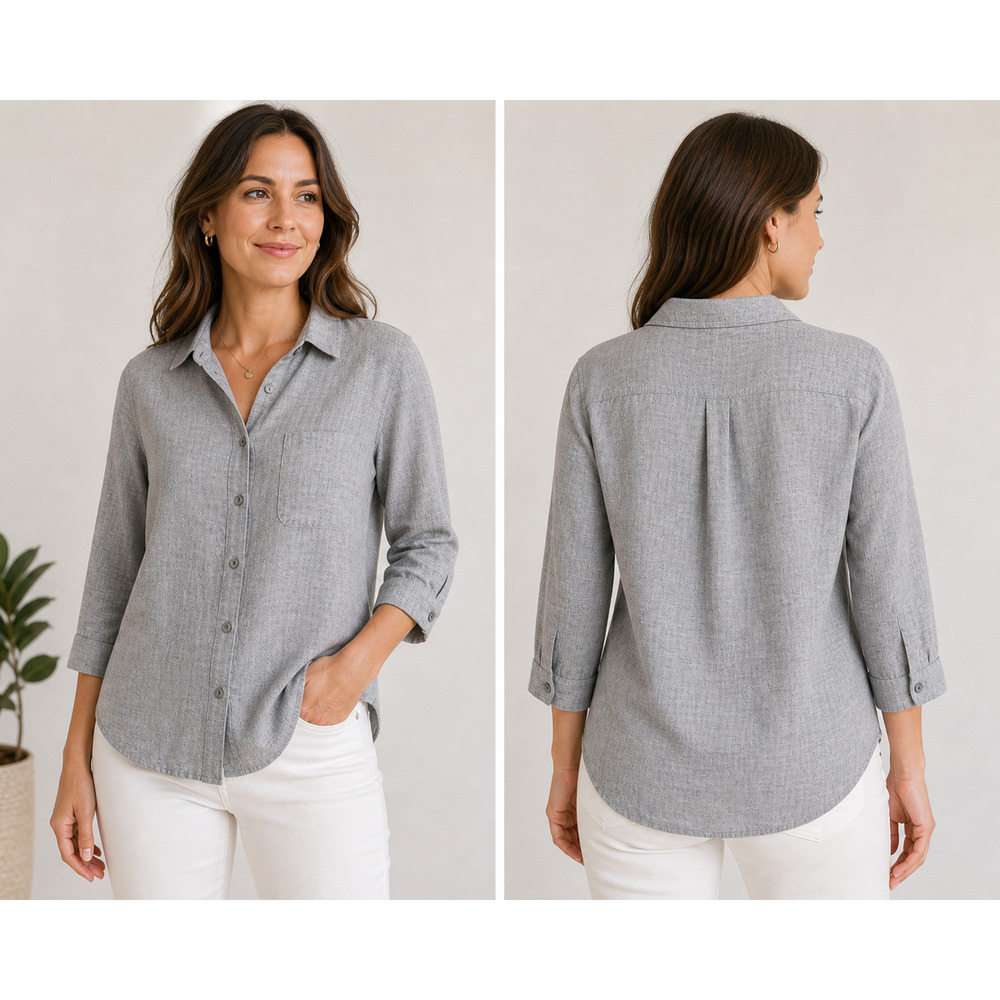 J.Jill Gray Button Front Blouse Women S Relaxed Fit 3/4 Sleeve Casual Top - Picture 2 of 7